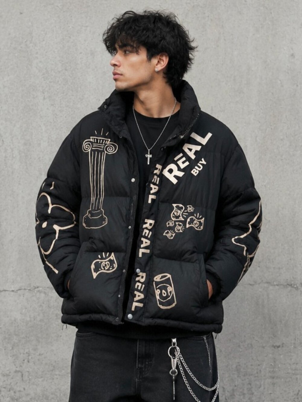 Black Graffiti Puffer Jacket Medium Streetwear Coat Duck Down Graphic Y2K